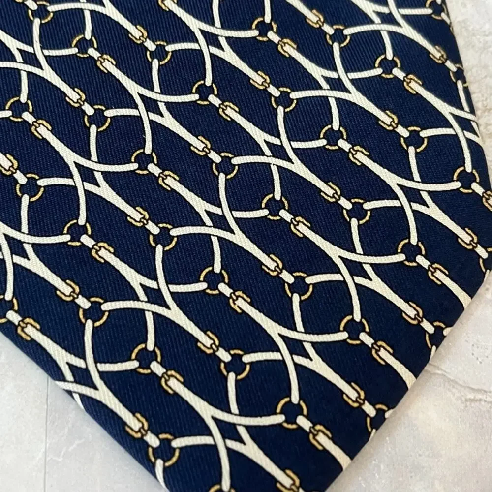 Brooks Brothers Makers Men's All Silk Tie Blue With White Belts Gold Buckles - Picture 4 of 10